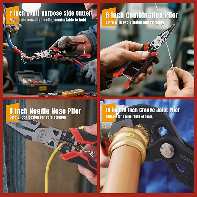8-Piece Tool Set with Case Including 10” Groove Joint Pliers, 8.3” Long Nose, 8.3” Linesman, 7.5” Diagonal, 6” Flush Cutter, 5” Long Nose, 5” 170 Cutter, 25mm Rubber Mallet for DIY & Home Use