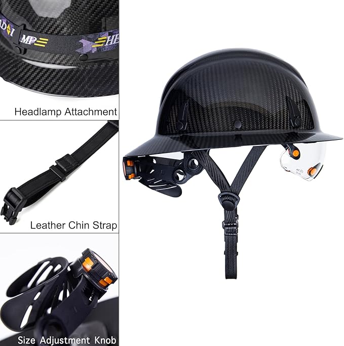 Carbon Fiber Hard Hat Full Brim with Goggles- Safety Helmet with 6-Point Adjustable Ratchet Suspension- ANSI Z89.1 Compliant