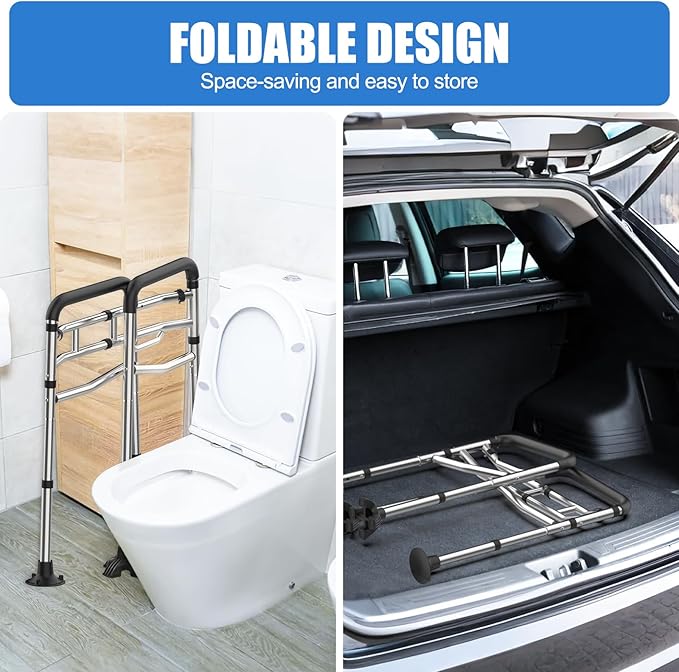 Toilet Safety Rails, Stainless Steel Adjustable Toilet Frame with Soft Handles&Tissue Holder, 380LBS Foldable Detachable Toilet Safety Frame for Elderly, Seniors, Handicap & Disabled