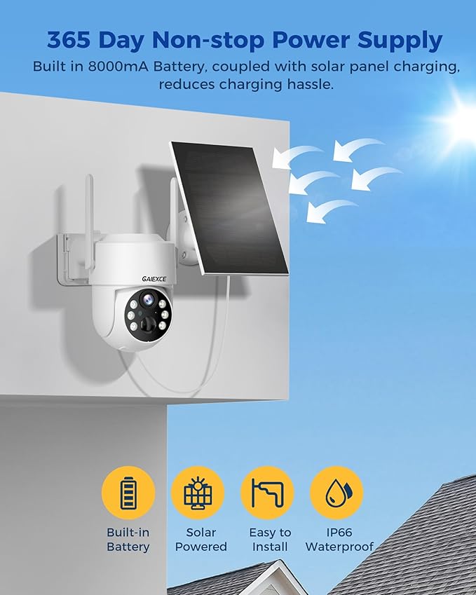 Wireless Solar Security Camera System, 【No Monthly Fee】 Solar-Powered Home Security Cameras System with 360° Pan & Tilt, PIR Motion Detection, 4MP Color Night Vision, 1T HDD
