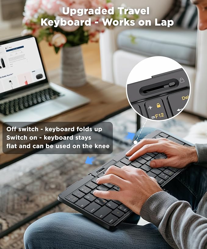 Foldable Bluetooth Keyboard, Full-Size Portable Wireless Bluetooth, Pocket-Sized Wireless Travel Keyboard for iPad/iPhone/Smartphone/Tablet/PC/Laptop can Place on The Legs