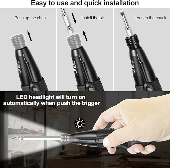3.6V Cordless Electric Screwdriver - Manual & Automatic 2-in-1 with LED Light, 4.25'' Magnetic Rust-Proof S2 Bit for Furniture Assembly, Home DIY, Electronic Repair, 0.44lbs Lightweight (Black)
