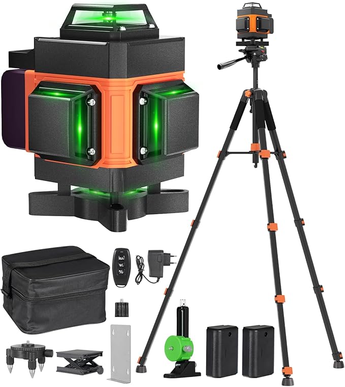Lusweimi 16 Lines Laser Level with 72-Inch Tripod & Bluetooth Remote, 4x360° Self-Leveling 4D Green Cross Line Laser, Rechargeable Battery, High Accuracy Tool for Picture Hanging, Tile & Construction