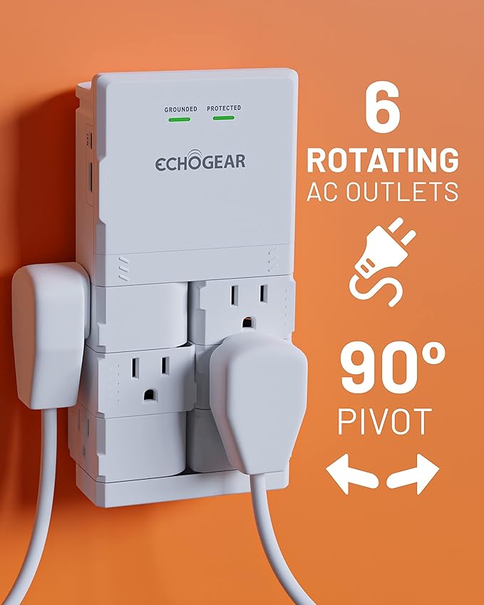 ECHOGEAR Wall Outlet with USB Ports & Surge Protection - Power Protect 8 Devices 6 Rotating AC Plugs 2 Includes 1x USB-C Port USB-A White