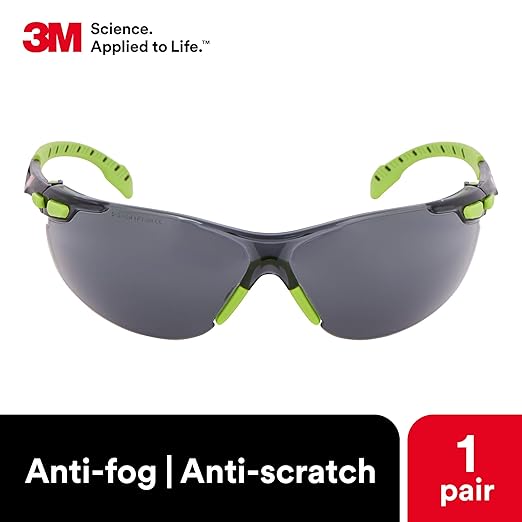 3M Safety Glasses, Solus 1000, S1202SGAF, ANSI Z87, Scotchgard Anti-Fog, Gray Lens, Green/Black Frame, Padded Temple, Soft Nosebridge, UV Protection, Premium Eye Protection