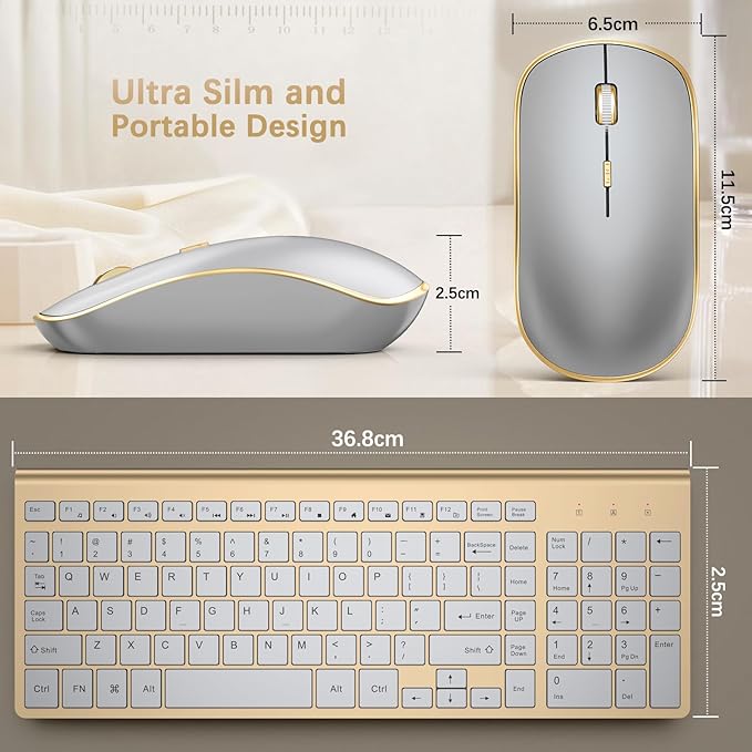J JOYACCESS Wireless Keyboard and Mouse Combo, Ergonomic and Quiet Wireless Keyboard and Mouse Set, Portable and Customizable DPI for Laptop, Computer and PC(Gold Silver)