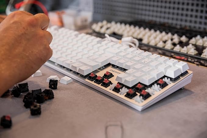 Cherry KC 200 MX Mechanical Office Keyboard with New MX2A switches. Modern Design with Metal Plate Frame (White W/MX2A Brown Switch)
