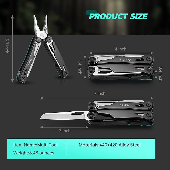 Multitool Pocket Knife for Men Women, Tactical Multi-Tool Pliers, Scissors with Clip, Nylon Sheath, All Safety Locking, Multipurpose Camping Survival Gear, Gifts Ideas