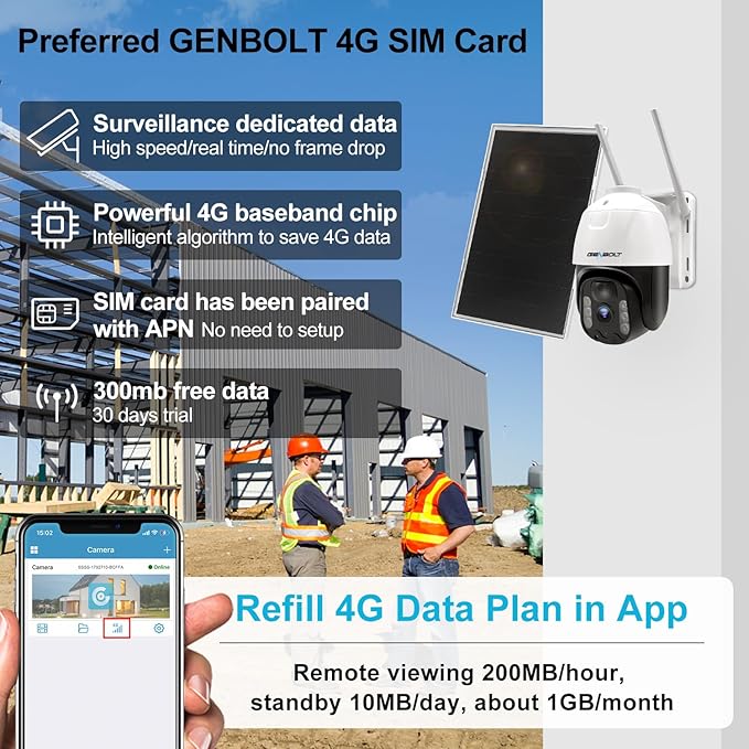 GENBOLT 4G LTE Cellular Solar Security Camera Outdoor Wireless, 8W 15600mAh Battery Operated Surveillance Camera No WiFi, PTZ IP Camera System with SIM Card, PIR Siren Alarm with Humanoid Detection