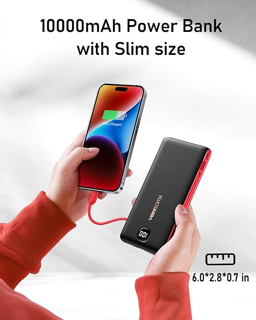 VEEKTOMX Portable Charger with Built in Cables 10000mAh, Power Bank for iPhone with AC Wall Plug, Fast Charging USB C Slim Battery Pack with LED Display Compatible with iPhone16/15/14/13, Samsung
