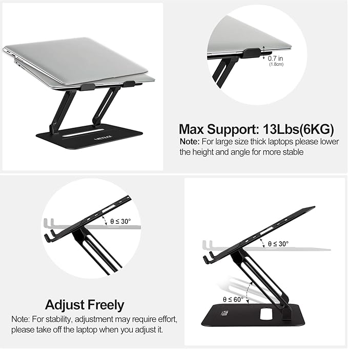 Urmust Adjustable Laptop Stand for Desk Aluminum Computer Stand for Laptop Riser Holder Notebook Stand Compatible with MacBook Air Pro Ultrabook All Laptops 11-17 inch (Black)