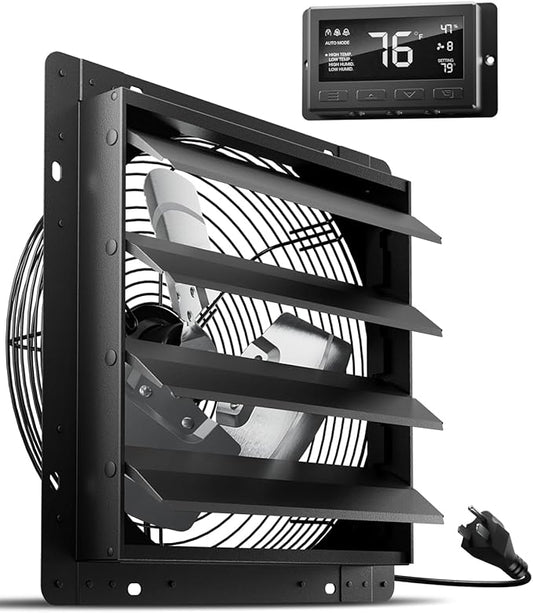 HG Power 14 Inch Attic Fan with Thermostat, Shutter Exhaust Fan with Smart Temperature Humidity Controller, Wall Mounted Greenhouse Fan with EC Motor for Garage, Shed Ventilation, Black