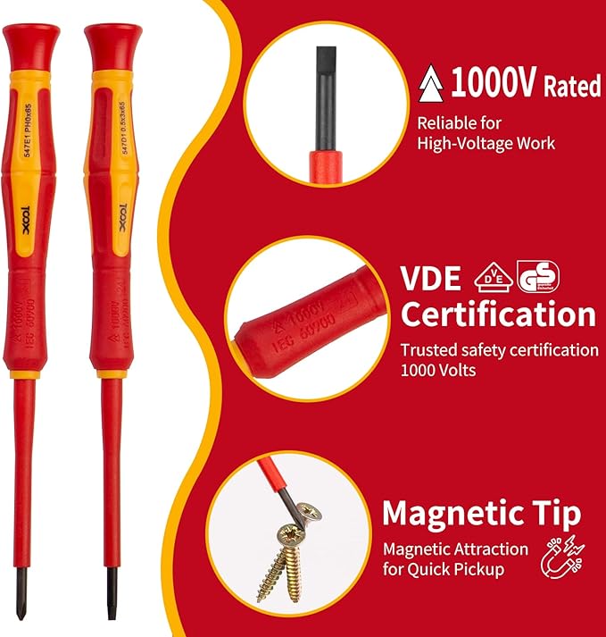 XOOL 6PCS 1000V Insulated Precision Electrician Screwdrivers Set, Slotted and Phillips Magnetic Tip, Chrome Vanadium Steel, VDE & GS Certified for Safe Electrician Repair