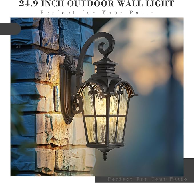 Emliviar Porch Outdoor Wall Lantern, Vintage Wall Mount Light Fixture with Water Ripple Glass, Matte Black Carriage Light for Yard, Barn, Patio, WE215BM-SW BK