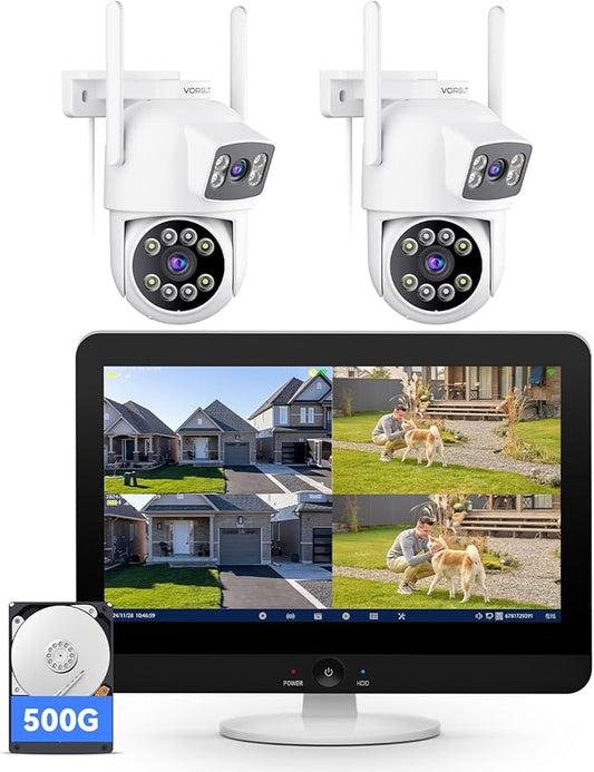 Security Camera System Wireless Outdoor with 12" Monitor, 2pcs 2K Dual Lens Cameras for Home & Business Surveillance, 360° PTZ, 2.4G/5G WiFi, Human Detection, Auto Tracking, 16CH NVR, 500G HDD