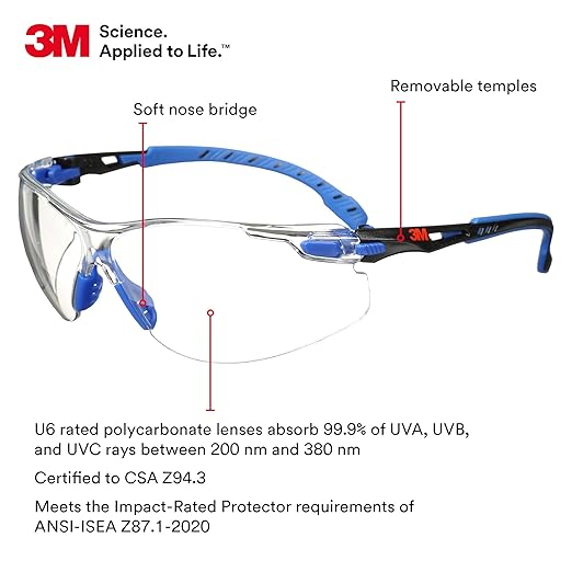 3M Safety Glasses, Solus 1000 Series, ANSI Z87, Scotchgard Anti-Fog, Clear Lens, Low Profile, Blue/Black Frame