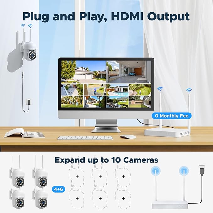 Home Security Camera System, 4Pcs PTZ Wireless Cameras with Auto Human/Pet/Vehicle Detection, 10CH 4K NVR with 24-7 Recording, 2-Way Audio, Smart Color Night Vision, Outdoor Surveillance Kit