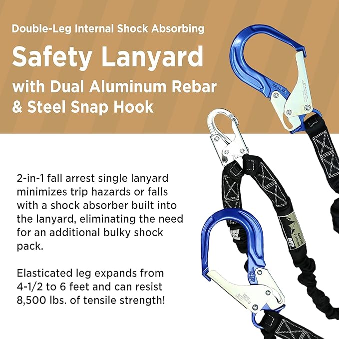 AFP 6FT Double Leg Internal Shock Absorbing Safety Fall Protection Lanyard with Dual Aluminum Pelican Rebar & Steel Snap Hook | Heavy-Duty Webbing | OSHA & ANSI Rated (Aluminum)