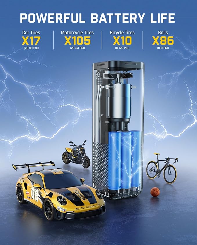 Fanttik X8 APEX Tire Inflator Portable Air Compressor, 1 Min Fast Inflation, 150PSI Cordless Tire Inflator with LED Dual Screen, Suitable for MPV, Car, Bike, Motorcycle, Up to 26.3″ Tires