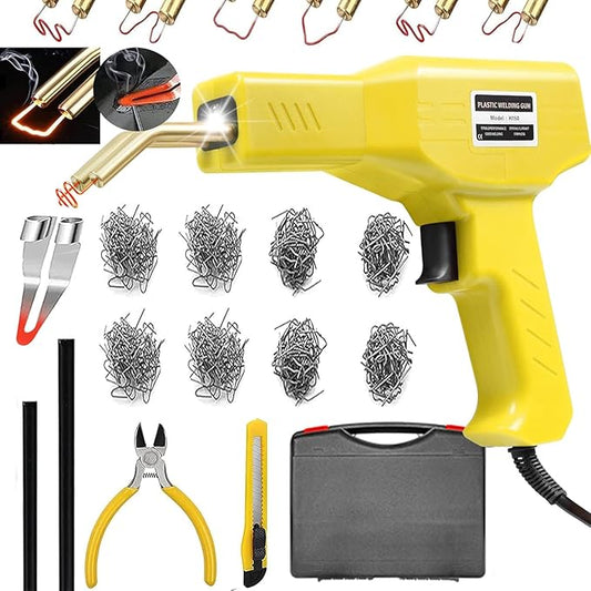 Plastic Welder,2 in 1 Plastic Welding Repair Kit with 1000pcs Hot Staples,2pcs Plastics Welding Rods,knife,Plier, Hot Staples Weld Gun Repair Kit for Car Bumper And Most Plastics (Yellow)