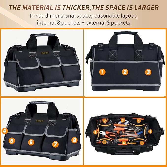 22-inch Wide Mouth Tool Bag with Water Proof Molded Base, Waterproof Tool Organizer Bag for Men with Adjustable Shoulder Strap (22INCH)