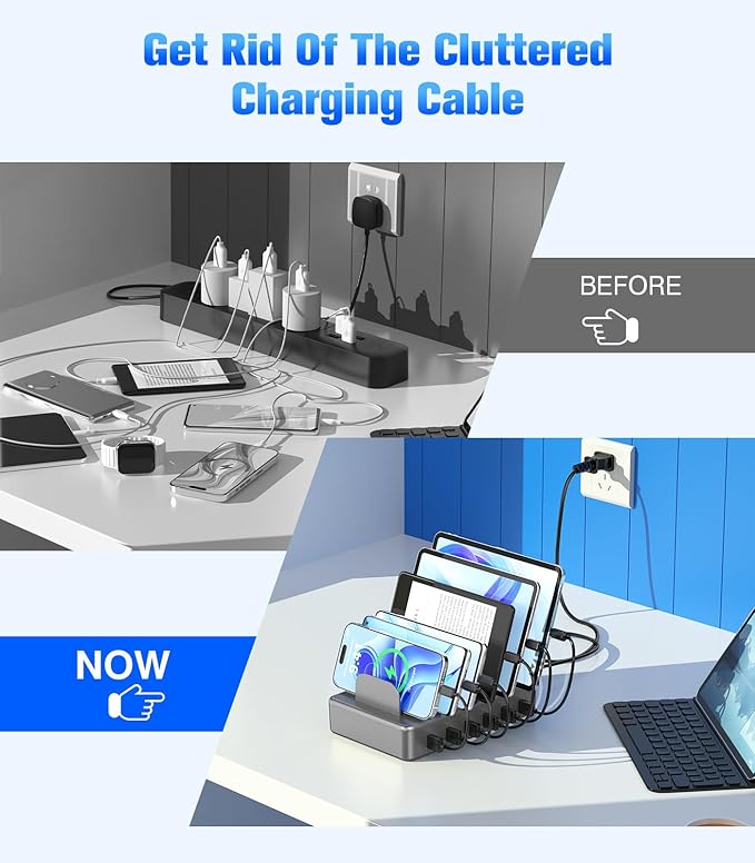 CREATIVE DESIGN 50W Charging Station for Multiple Devices,6 Port Multiple USB Charger Station with 6 Cables Compatible with iPhone,iPad Kindle Tablet and Other Electronic（Space Gray