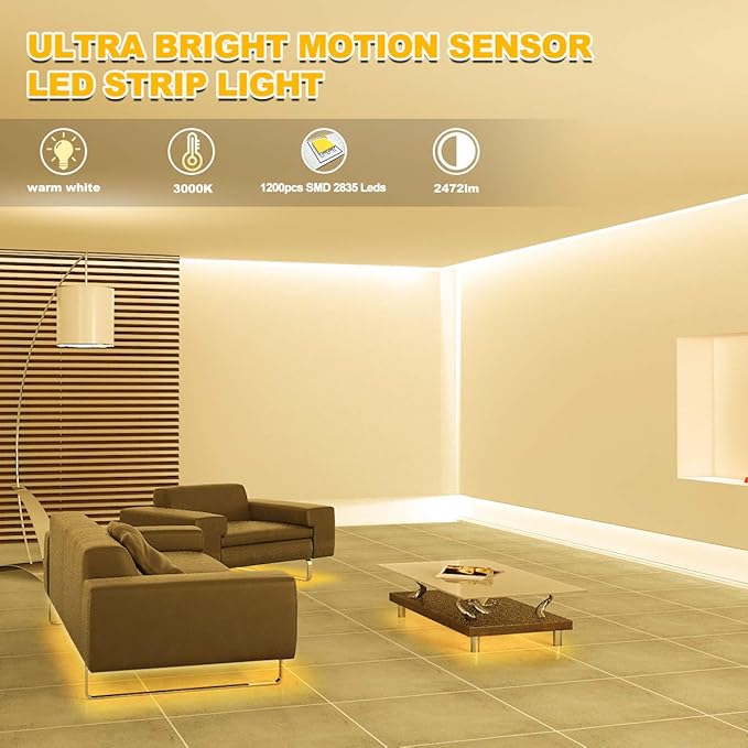 MY BEAUTY LIGHT Motion Activated LED Strip Lights, 65.6ft LED Light Strip with Day or Night 2 Lighting Modes,3 Timing Off Modes,Warm White 24v Plug-in LED Rope Lights for Under Cabinet,Kitchen,Stair
