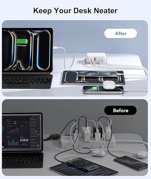 Fast Charger Block, GaN 6 Port USB C Charging Station Hub Cube, 100W Multiport Type C Wall Charger Power Strip Plug with PD 3.0+QC for iPhone 16 15 14 13 12 1 Pro Max XR XS 8 7, Samsung, iPad, Table