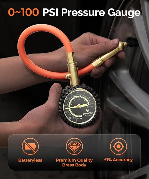 ETENWOLF Tire Pressure Gauge 0-100 PSI, ANSI B40.1 Grade A Accurate Tire Gauges for Tire Pressure with Large Glow Dial, Air Pressure Gauge for Tires, Car Accessories