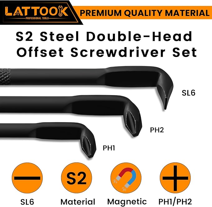 3PCS Right Angle Offset Screwdriver Set, LATTOOK L-Type 90 Degree Double End Screwdriver Low Profile Screwdriver with Phillips and Slotted, 15mm Flat Elbow Design for Tight Narrow Space