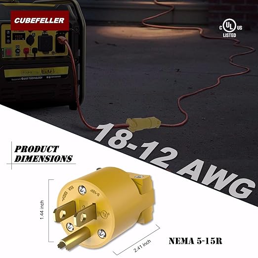 CUBEFELLER® Extension Cord Ends Male Kit, Replacement Plug, 3 Prong, 15Amp, 125Volt, NEMA 5-15P, UL Listed, 5pcs,ER0105P(Yellow)
