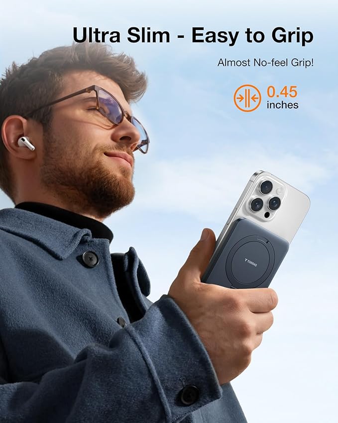 TORRAS 0.45" Slim Magnetic Portable Charger Power Bank for iPhone 5000 mAh 22.5W PD Fast Charging Wireless Battery Pack O Stand Compatible with Magsafe, i Phone 16 Pro Max, Pro,15,14,13,12, Black