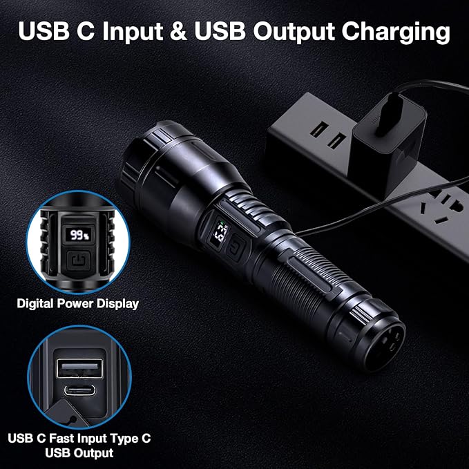 Flashlight High Lumens Rechargeable, 990,000 High Lumens Handheld Tactical LED Flashlights Battery Powered, Zoomable Super Bright Flash Light with 3 Modes, USB C, Waterproof for Emergency