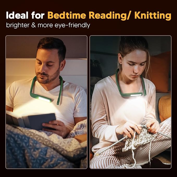 Neck Reading Light, Book Light for Reading in Bed, Eye-friendly Wide Reading Lamp, Bendable Arms & 2 Bright Lights, Rechargeable Booklight Stepless Dimming, Book Lover Gift Knit Crochet Craft