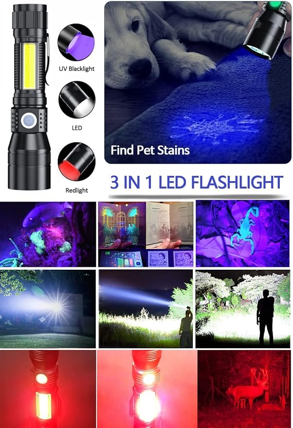 Black Light UV Flashlight Rechargeable, 3in1 Super Bright Tactical Flashlights LED UV Black Light &Redlight, 2000Lumen 7Modes, Zoomable, Waterproof Pocket Flashlight for Pet Stains Detection,Camping