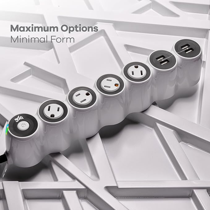 360 Electrical PowerCurve Power Strip, Braided Extension Cord with 4 Rotating Outlets and 4 USB-A Ports, Outlet Extender 5 ft, Surge Protector Power Strip with USB Ports, White