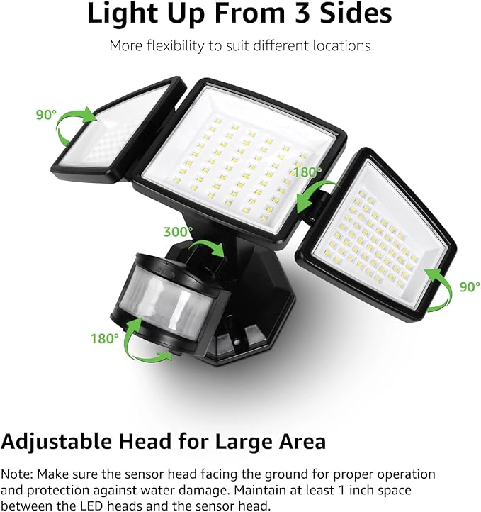 Lepro LED Security Lights, Outdoor Motion Sensor Light, Flood Lights with 3 Adjustable Heads, 270° Wide Lighting Angle, 27W 3200LM Super Bright, IP65 Waterproof for Yard Porch Garage, Black