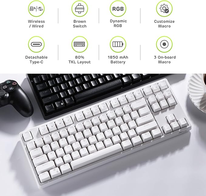 RK ROYAL KLUDGE Sink87G Wired/Wireless TKL Mechanical Gaming Keyboard, No Numbpad Compact 2.4G RGB Wireless Keyboard (White)