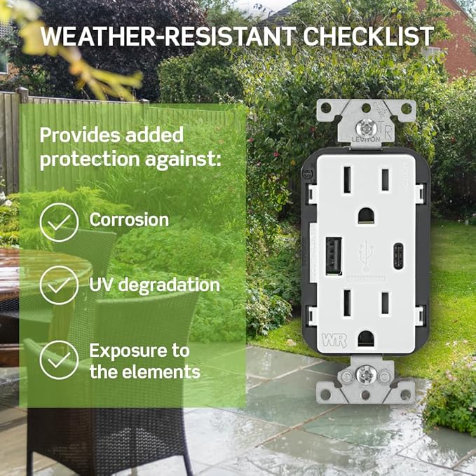 Leviton W5633-W Type A & Type-C USB In-Wall Charger with 15A Tamper-Resistant Outlet, Outdoor USB Charger for Smartphones and Tablets, Not for Laptops, White