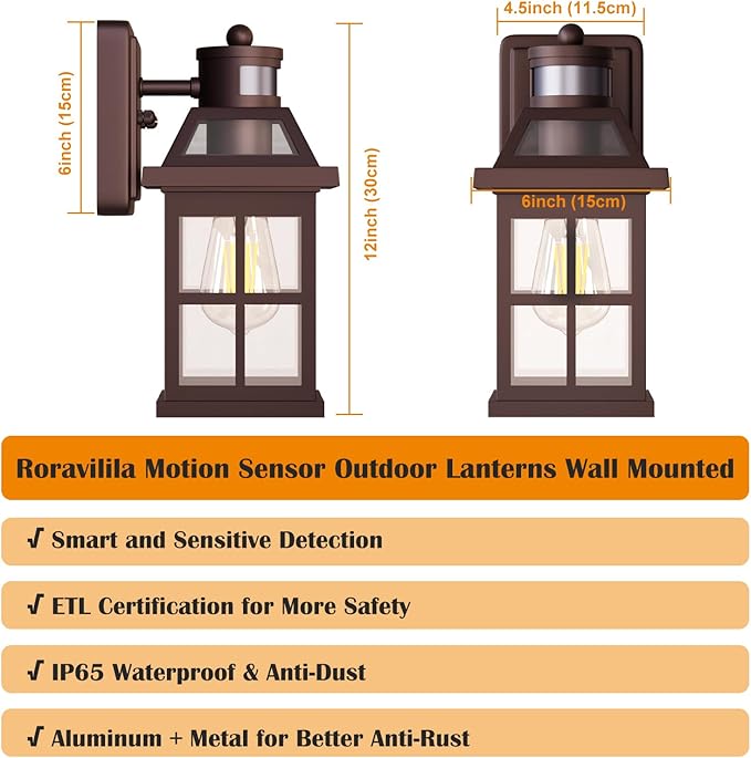 Bronze Outdoor Wall Lights with Motion Sensor, ETL Exterior Light Fixtures Waterproof 2 Pack, Anti-Rust Aluminum Porch Lights Dusk to Dawn Outdoor Lights Brown Lantern Sconces for House