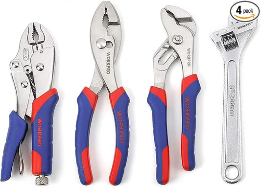 WORKPRO Pliers Set 4-piece Locking Plier Slip-joint Plier Groove Joint Pliers and Adjustable Wrench Home Maintenance Tool Kit