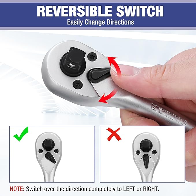 WORKPRO 22-Piece Socket Set with 3-in-1 Ratchet Handle, 1/4, 3/8, 1/2 Inch Drive Socket Wrench, CR-V Metric Socket Set, Extension Bars, Storage Box Included, Mechanics Tool Sets for Auto Repairing