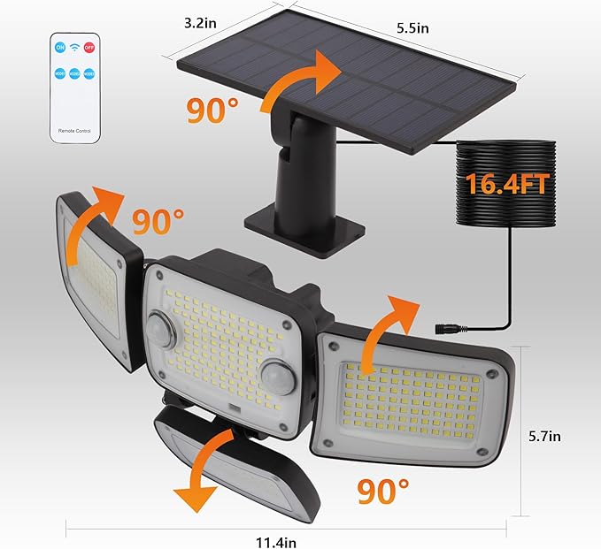 Solar Outdoor Lights, 3000LM 4 Heads LED Floodlights, Remote Control Solar Motion Dual Sensors Security Lights, IP65 Waterproof Wall Lights for House, Patio, Fence, Garden, Yard, Garage