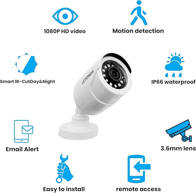 4CH 1080p Security Camera 1PK DVR 4PK CCTV Bullet Wired Cam Supports AHD/TVI/CVI/CVBS IR - Cut Filter Switch Indoor/Outdoor Analog Surveillance Video Add - on Camera, No Hard Drive