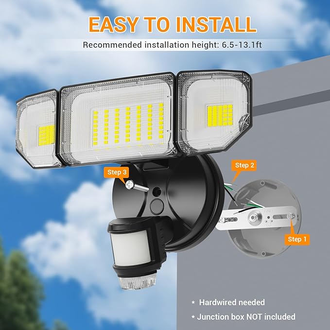85W 9000LM LED Motion Sensor Outdoor Lights, 6500K Security Lights with Night Light, Dusk to Dawn, IP65 Waterproof, 4 Head Flood Light Motion Detected for Outside, Garage, Yard, Porch