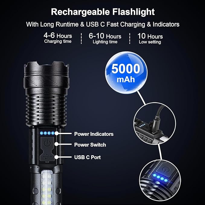 Rechargeable Flashlights High Lumens 2 Packs, 980,000L Super Bright LED Tactical Flash Light with 7 Modes, Zoomable, Cob Side Light, USB C, Battery Powered Handheld Flashlight for Emergency