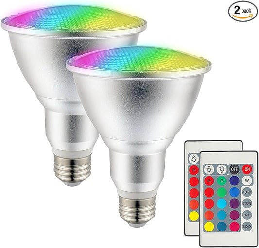 2Pack PAR30 LED Bulb, 30W RGB+Warm White(3000K) LED Flood Light Indoor/Outdoor, Dimmable Color Changing Spotlight with Remote Control, Lawn Lamp for Home Courtyard Christmas Party Decoration