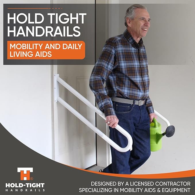 Hold Tight Handrails Steel Jamb-Mount Handrail - Heavy Duty Stair Railing for Decks, Porch, Mobile Homes, Short Stairway - Weatherproof & Non-Slip Powder Coated Finish - [Right Handed], [32"], [white]