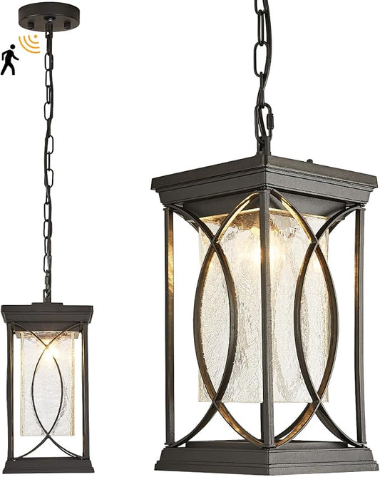 Motion Outdoor Pendant Light Fixtures Dusk to Dawn Exterior Ceiling Hanging Lantern for Porch, Modern Black Outside Chandelier Light with Crack Glass for Front Door Porch Gazebo Foyer Entryway