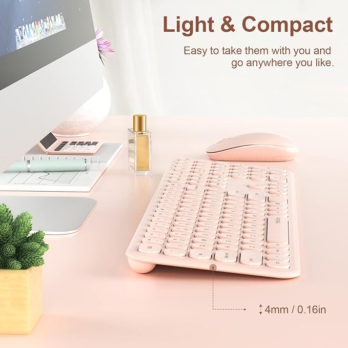 Cute Keyboard and Mouse Wireless for PC Computer/Laptop/Windows/Mac/Tablets, Ultra-Thin 2.4GHz USB Cordless Full-Sized Silent Retro Computer Keyboard Mouse Combo (Pink)